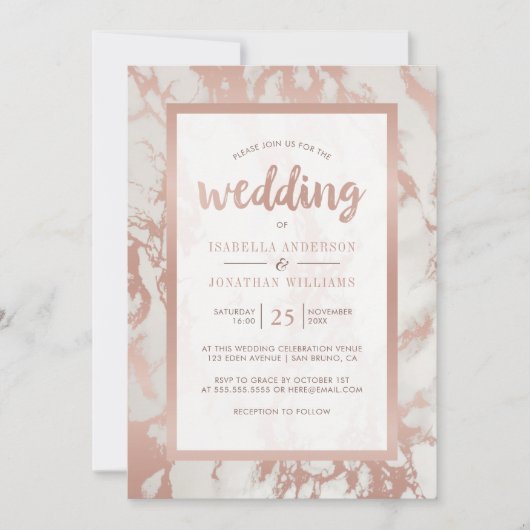 Modern Roos gouden marmeren bruiloft Kaart (Voorkant)