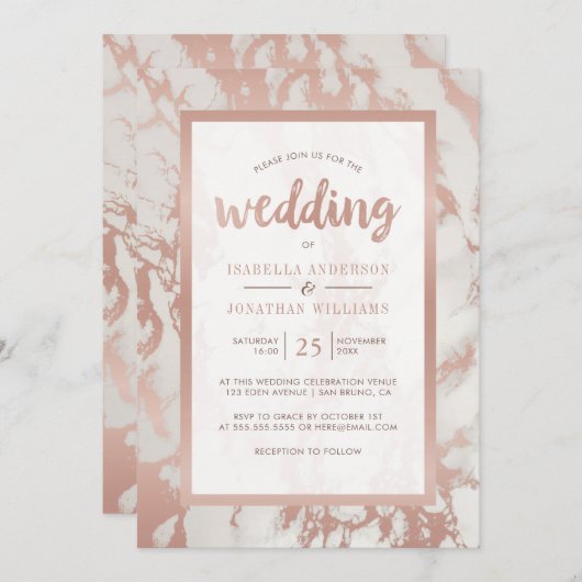 Modern Roos gouden marmeren bruiloft Kaart (Voorkant / Achterkant)