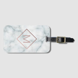 Modern roos gouden monogram op witte steen bagagelabel