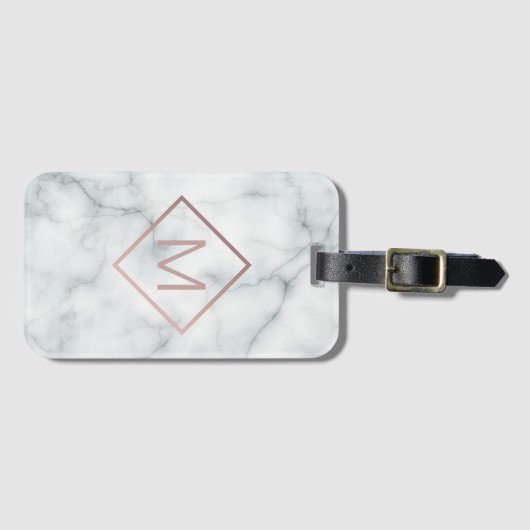 Modern roos gouden monogram op witte steen bagagelabel (Voorkant (horizontaal))