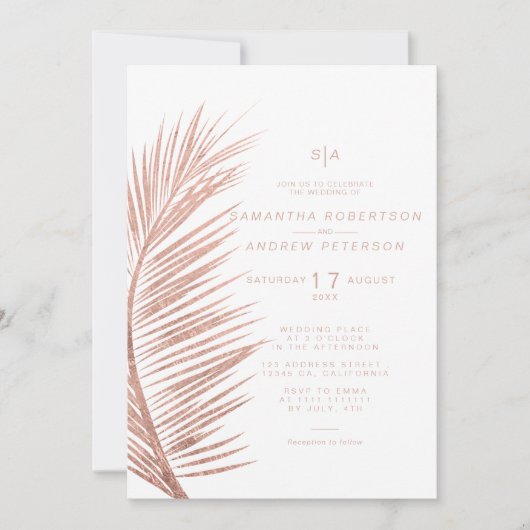 Modern roos gouden palmblad wit bruiloft kaart (Voorkant)