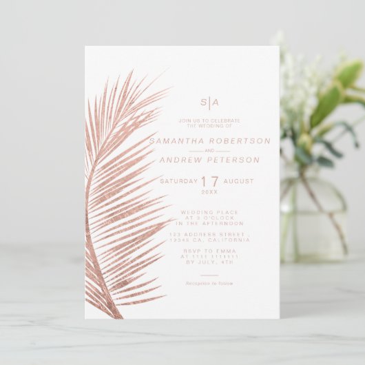 Modern roos gouden palmblad wit bruiloft kaart (Staand voorkant)