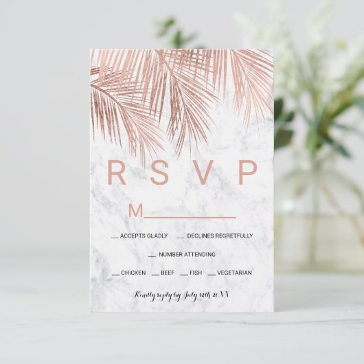 Modern roos gouden palmboom marmer RSVP bruiloft (Staand voorkant)