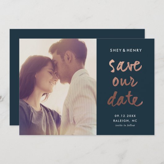 Modern roos gouden script save the date (Voorkant / Achterkant)