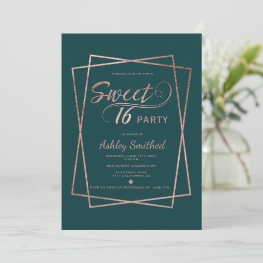 Modern roos gouden script smaragdgroen Sweet 16 Kaart (Staand voorkant)