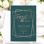 Modern roos gouden script smaragdgroen Sweet 16 Kaart<br><div class="desc">Modern faux roos gouden script geometrische smaragdgroene Sweet 16 verjaardagsfeestuitnodiging met wervelingen typografie en een minimalistisch faux roos gouden streep geometrisch lijst op elegant modern groen.</div>