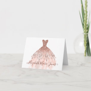 Modern Roos Gouden Sparkle Roze Jurk Girly Script Notitiekaartje