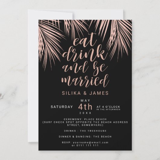 Modern roos gouden zwarte tropische palmboom bruil kaart (Achterkant)