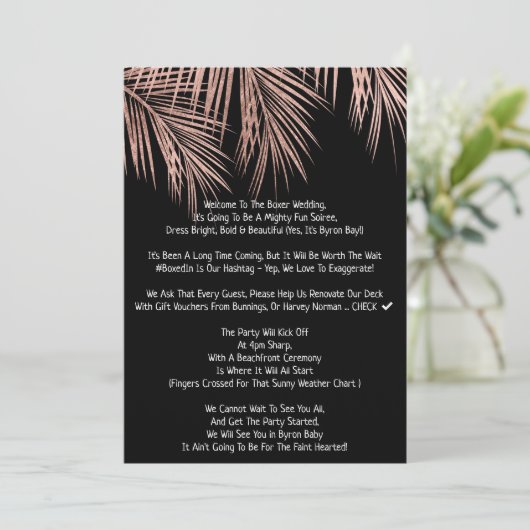 Modern roos gouden zwarte tropische palmboom bruil kaart (Staand voorkant)