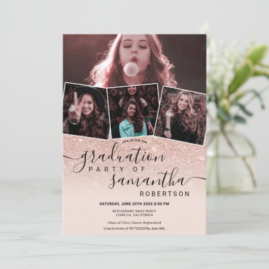 Modern roos goudglitter script 4 foto afstuderen kaart (Staand voorkant)