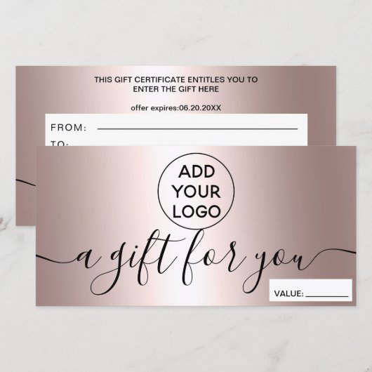 Modern roos metalen logo cadeaubon (Voorkant / Achterkant)