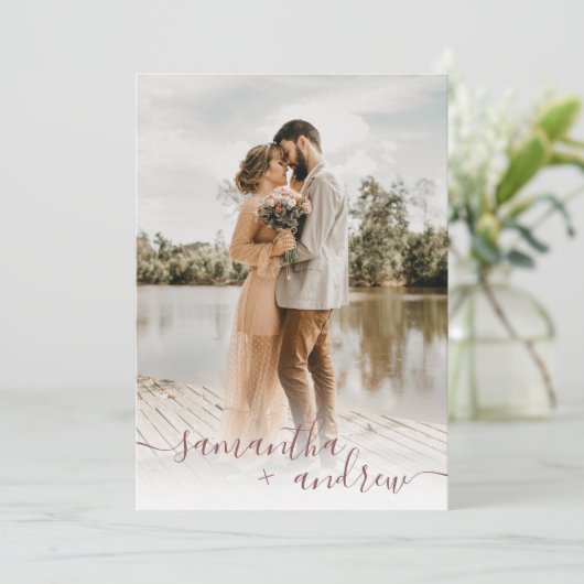 Modern roos minimalistisch script 5 foto's bruilof kaart (Staand voorkant)