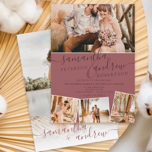 Modern roos minimalistisch script 5 foto's bruilof kaart