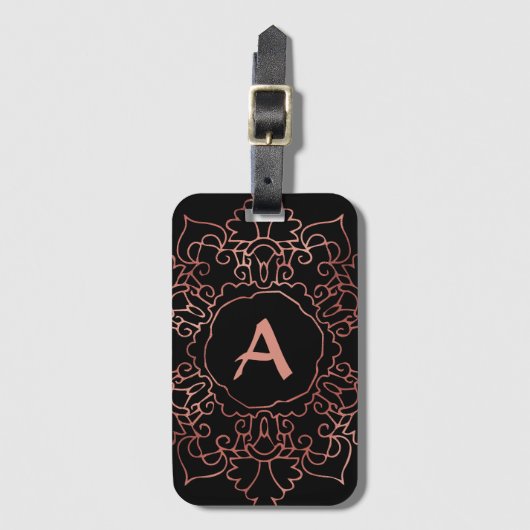 Modern Roos Roos Gold Foil Mandala Monogram Black Bagagelabel (Voorkant (verticaal))