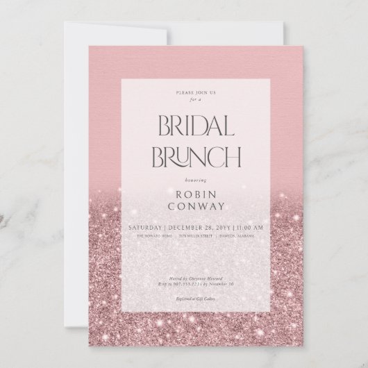 Modern Roos Roze Glam Glitter Bruidsbrunch Kaart (Voorkant)