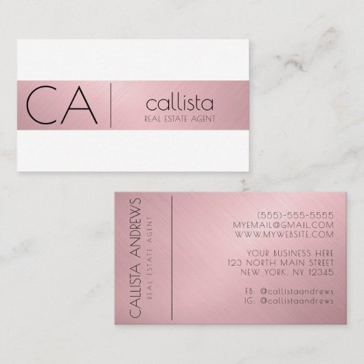 Modern Roos Roze Goud Metallic Stripe Monogram Visitekaartje (Voorkant / Achterkant)