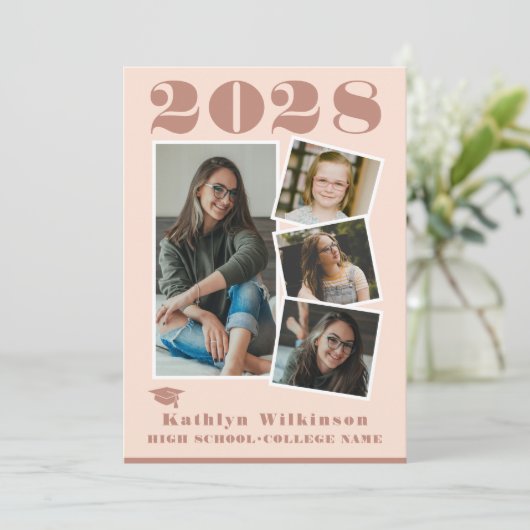 Modern Roos Roze script 4 Fotocollage Afstuderen Aankondiging (Staand voorkant)