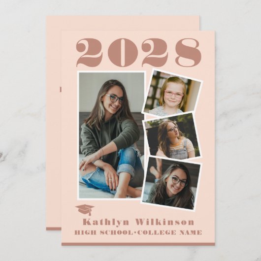 Modern Roos Roze script 4 Fotocollage Afstuderen Aankondiging (Voorkant / Achterkant)