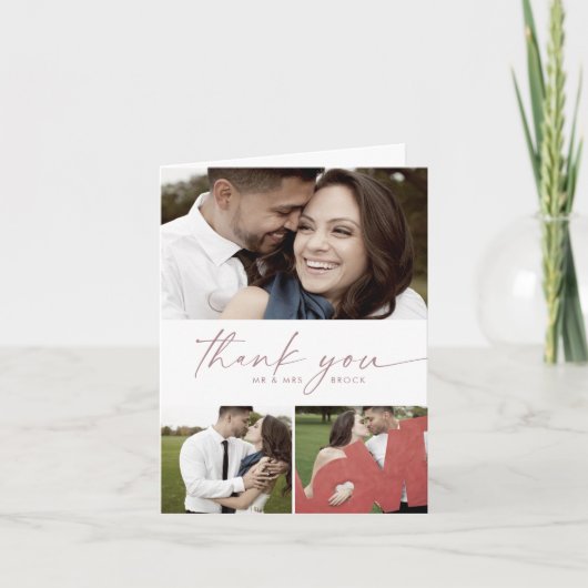 Modern Roos script 3 Foto collage vouded Wedding Bedankkaart (Voorkant)