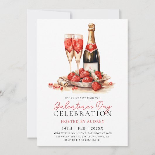 Modern Roos Wijnchampagne Galentine's Day Party Kaart (Voorkant)