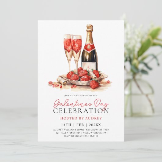 Modern Roos Wijnchampagne Galentine's Day Party Kaart (Staand voorkant)
