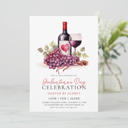 Modern Roos Wijnchampagne Galentine's Day Party Kaart (Staand voorkant)