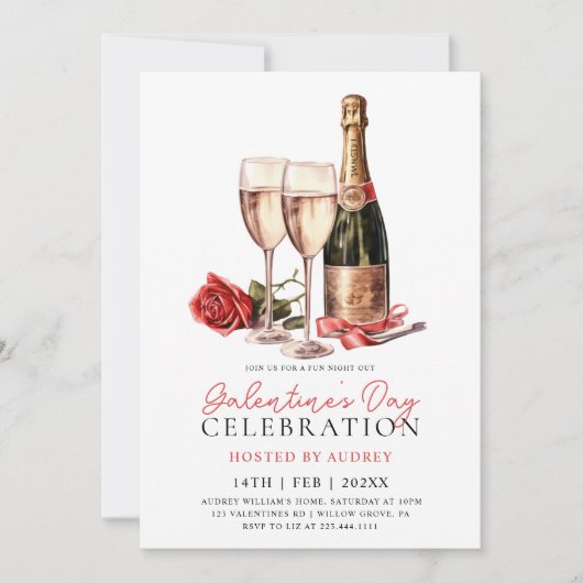 Modern Roos Wijnchampagne Galentine's Day Party Kaart (Voorkant)