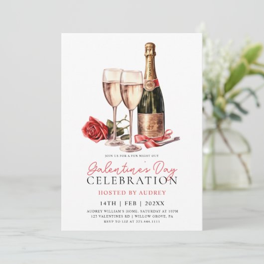 Modern Roos Wijnchampagne Galentine's Day Party Kaart (Staand voorkant)