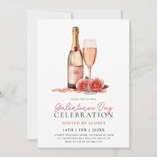 Modern Roos Wijnchampagne Galentine's Day Party Kaart (Voorkant)