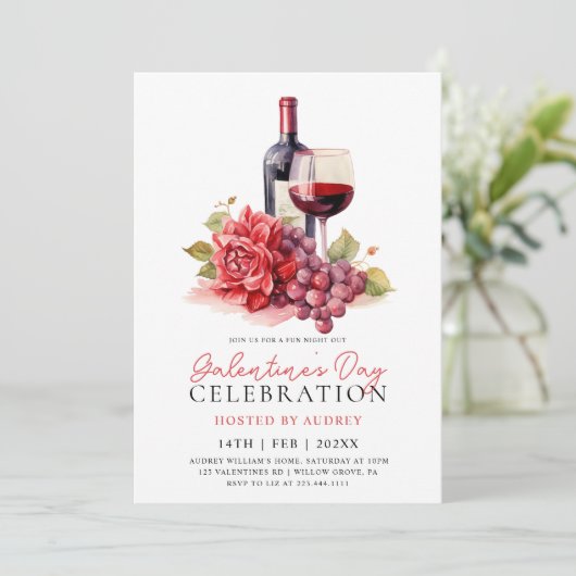 Modern Roos Wijnchampagne Galentine's Day Party Kaart (Staand voorkant)