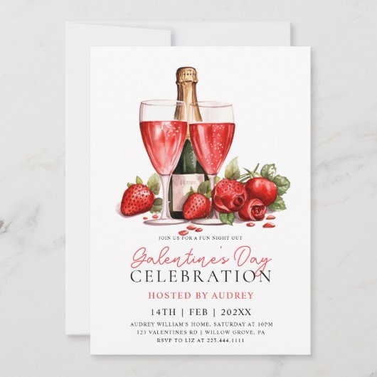 Modern Roos Wijnchampagne Galentine's Day Party Kaart (Voorkant)