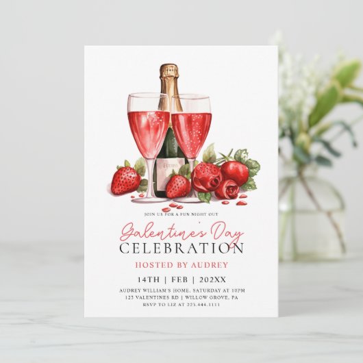 Modern Roos Wijnchampagne Galentine's Day Party Kaart (Staand voorkant)