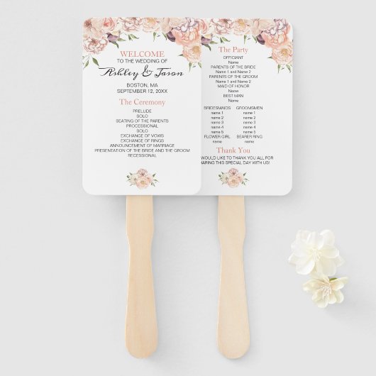 Modern Roos Wit Bloemen Huwelijk Programma Handwaaier (Voorkant en achterkant)