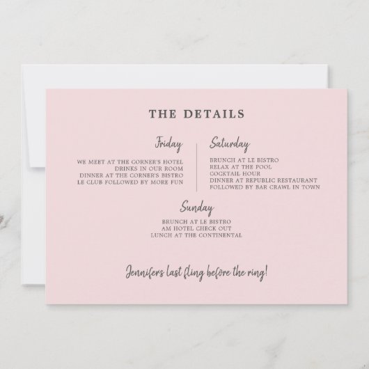 Modern Rosé de hele dag Blush Bachelorette Weekend Kaart (Achterkant)