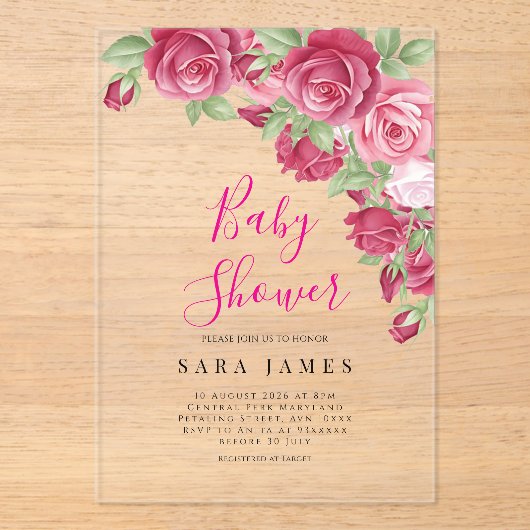 Modern Rose Garden Acrylic Baby Shower Invitation Acryl Uitnodigingen (Voorkant)
