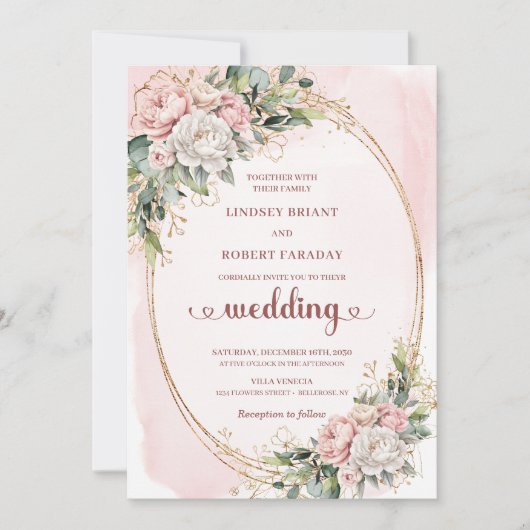 Modern Rose Gold Blush Greenery Wedding Invitation Kaart (Voorkant)