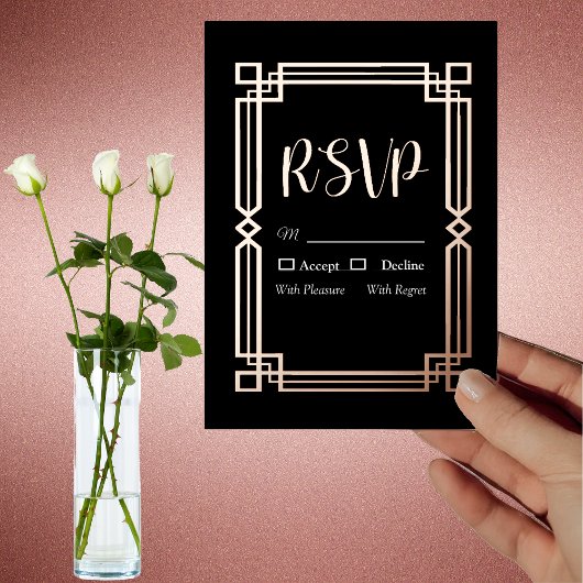 Modern Rose Gold Border on Black RSVP Card Folie Uitnodiging