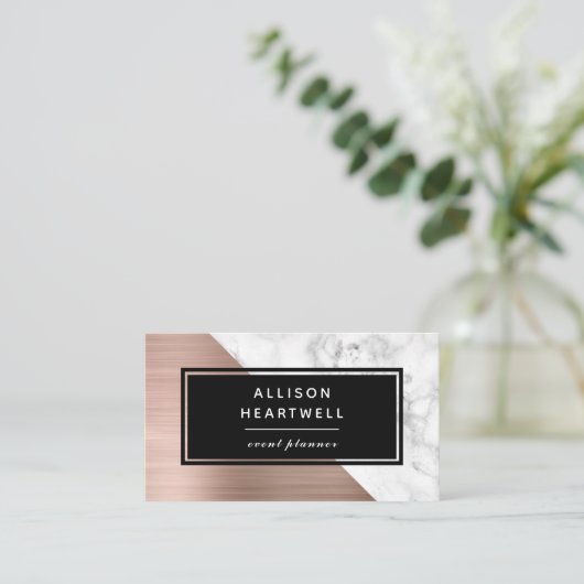 Modern Rose Gold Brushed Metal White Marble Black Visitekaartje (Staand voorkant)
