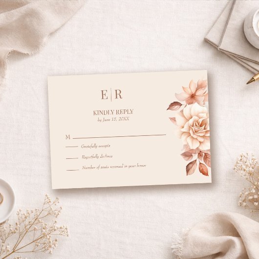 Modern Rose Gold Floral Monogram Wedding RSVP Card Kaartje