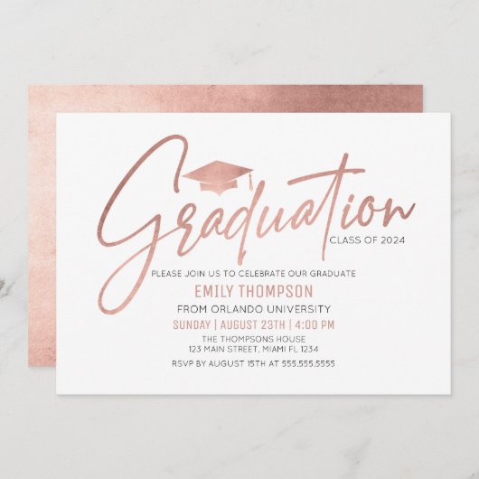 Modern Rose Gold  Graduation Invitation Kaart (Voorkant / Achterkant)