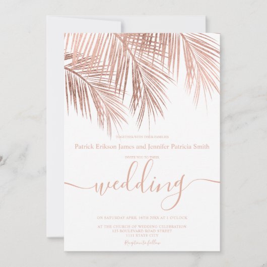 Modern rose gold palm tree elegant script wedding kaart (Voorkant)