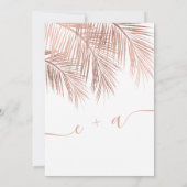 Modern rose gold palm tree elegant script wedding kaart (Achterkant)