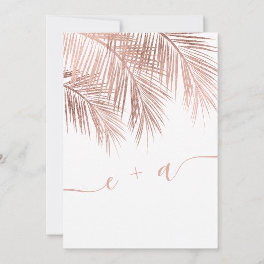 Modern rose gold palm tree elegant script wedding kaart (Achterkant)