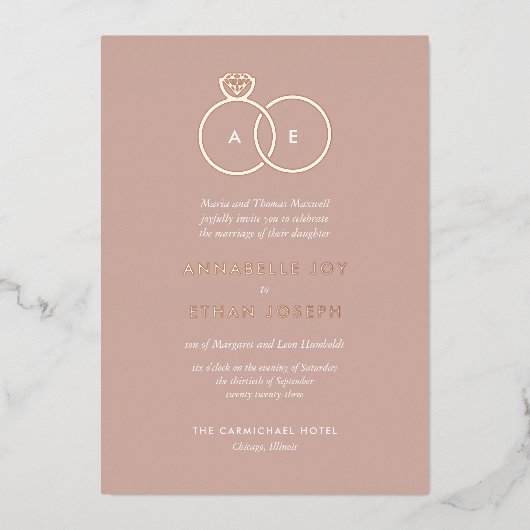Modern Rose Gold Rings Deep Blush Wedding Folie Uitnodiging (Voorkant)