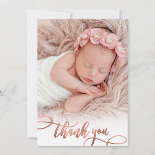 Modern Rose Gold Script Baby Girl Photo Thank You Bedankkaart