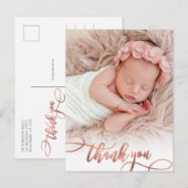 Modern Rose Gold Script Baby Girl Photo Thank You Briefkaart (Voorkant / Achterkant)
