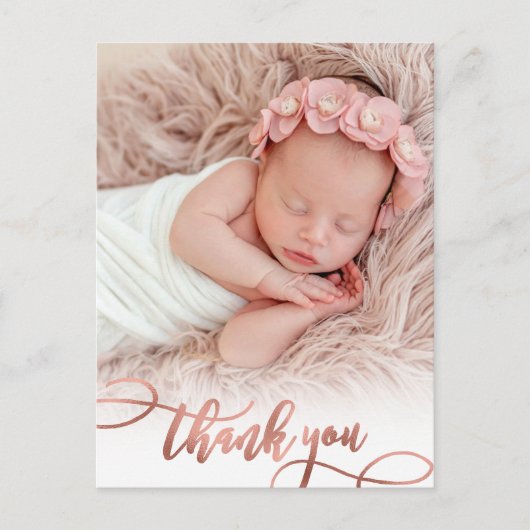 Modern Rose Gold Script Baby Girl Photo Thank You Briefkaart (Voorkant)