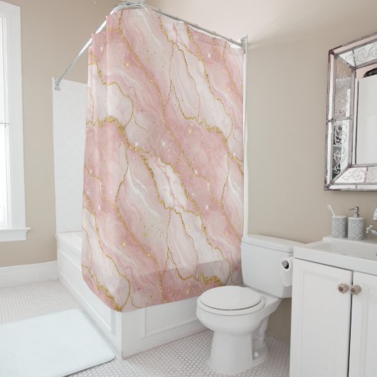 Modern Rose Quartz Marble Gold Douchegordijn (In situ)