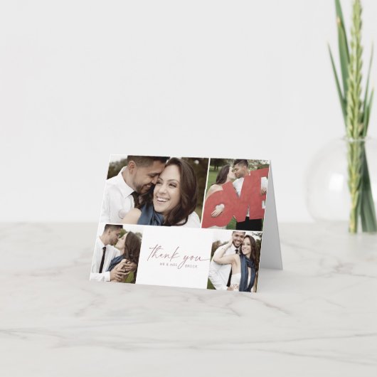 Modern Rose Script 4 Photo Collage Folded Wedding Bedankkaart (Voorkant)