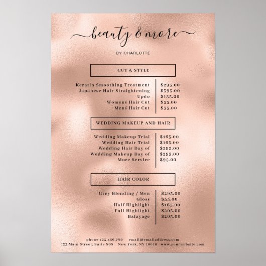 Modern Rosegold Simpel Salon Price List Poster (Voorkant)